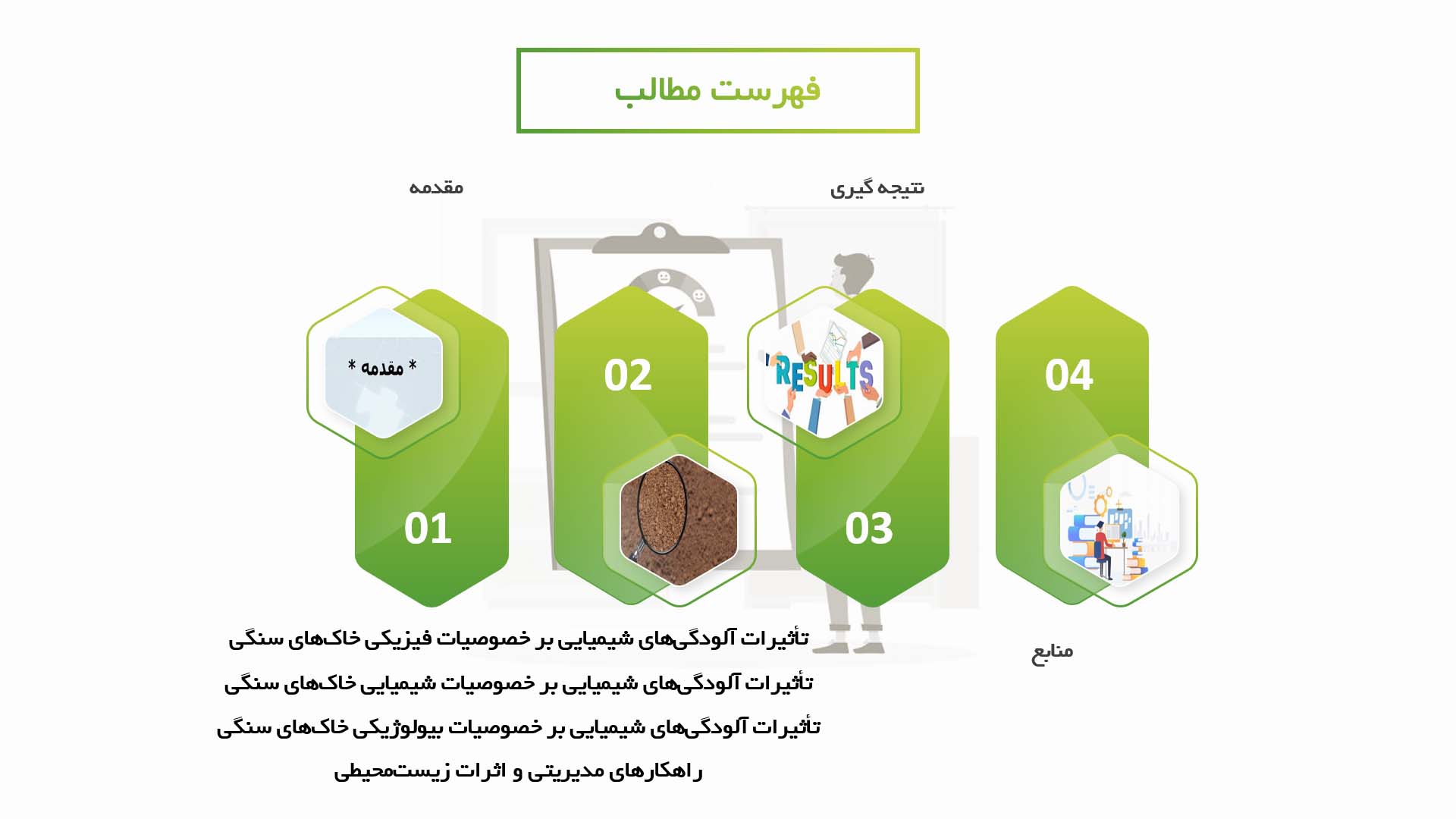 پاورپوینت در مورد تاثیر آلودگی‌های شیمیایی بر خاک‌های سنگی